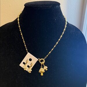 Gold Mushroom Pendant Necklace and Earring Set in 14 k gold plated.
